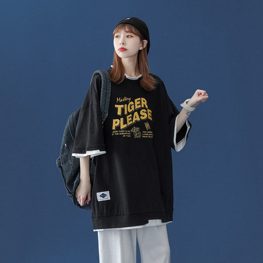 WWKK T-Shirt Harajuku Casual Top Harajuku Retro Korean Style Black Anime Print C