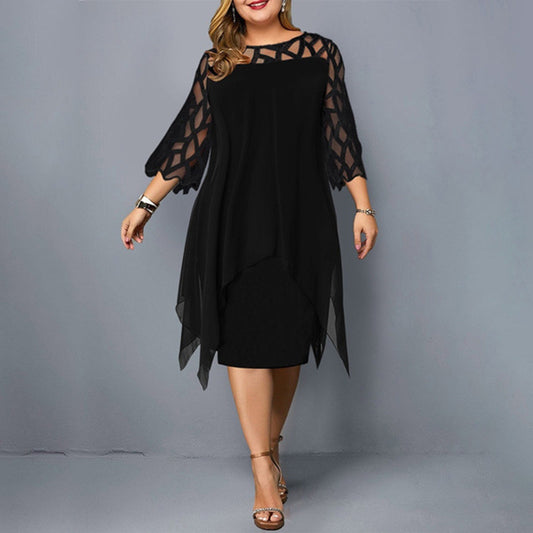 Fashion Women Mesh Chiffon Hollow Out Double Plus Dress Paneled 3/4 Sleeve