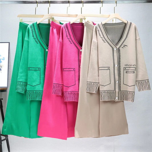 Women Sweater Wide Leg Pant Set Casual Long Sleeve Cardigans Winter Knitted Sui