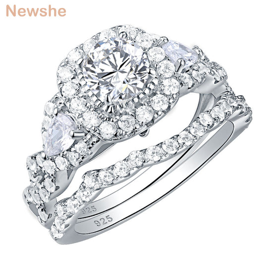 Newshe 2 Pcs Engagement Wedding Ring Set for Women 925 Sterling Silver 2.4Ct Rou