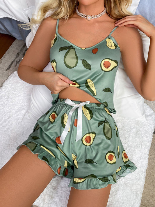 Fruit Print Bow Front Ruffle Hem PJ Set