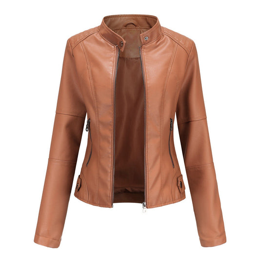 Women's Leather Jacket Solid Colour Long Sleeve Coat Stand Up Collar Zip Slim