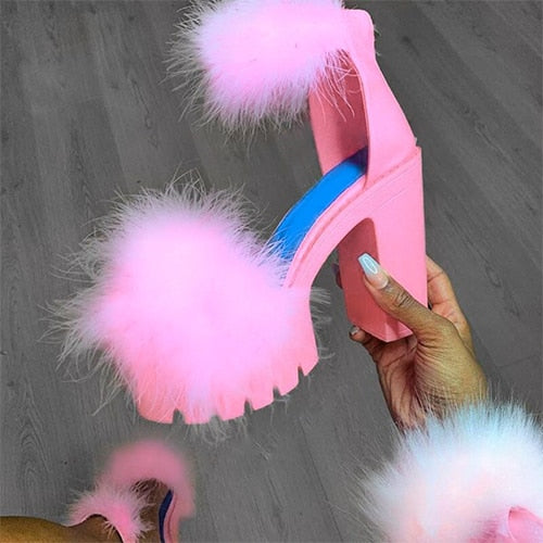 Woman Furry Sandals High Heels with Fur Female Platform Pumps Women Ankle Strap