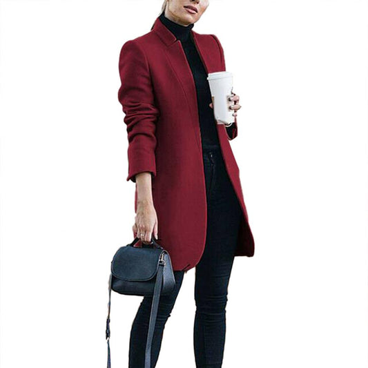 Office Lady Autumn Solid Color Stand Collar Woolen Long Coat