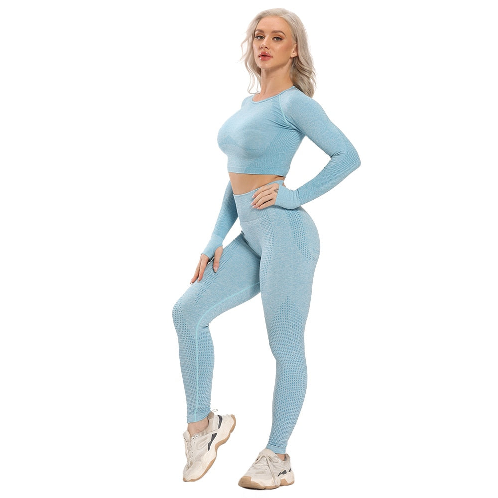 Seamless Yoga Set Workout Suit Fitness Sportswear Women Long Sleeve Crop Top Hig