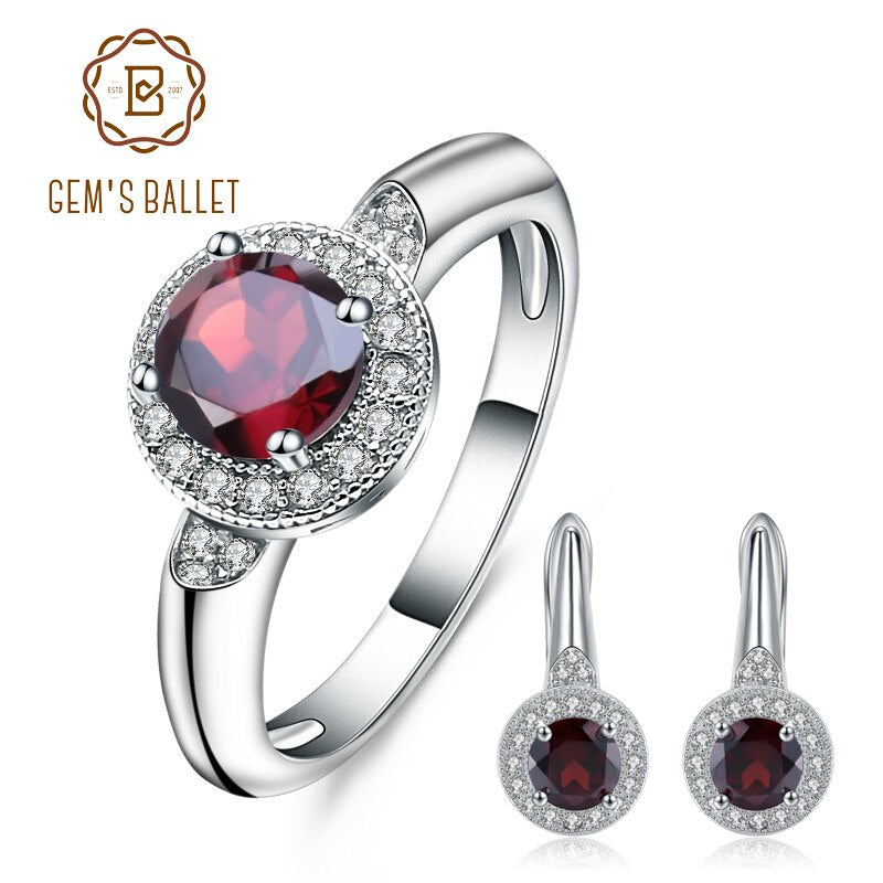 GEM'S BALLET 3.15Ct Natural Red Garnet Earrings Ring Set 925 Sterling Silver