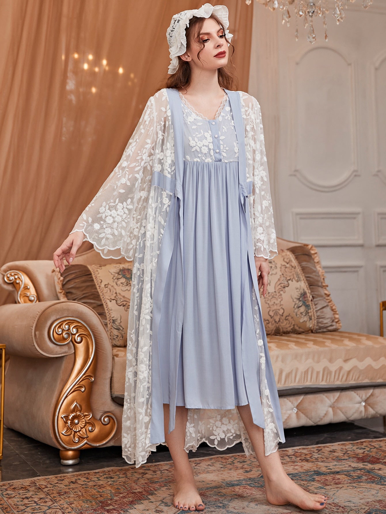 Floral Embroidery Night Dress & Tie Front Robe