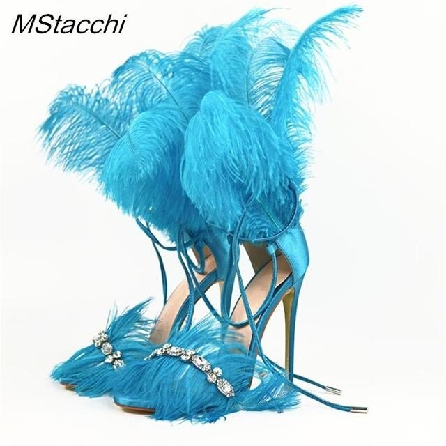 Crystal Feather Sandals Woman Summer 2023 Ostrich Hair Decor High Heels Gladiat