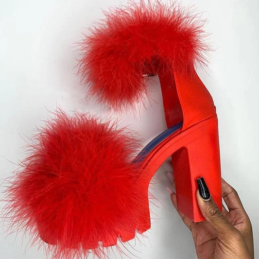 Woman Furry Sandals High Heels with Fur Female Platform Pumps Women Ankle Strap