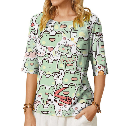 CLOOCL Cartoon Women T-Shirt Cute Green Frog Printed Tees Button Decorate Loose