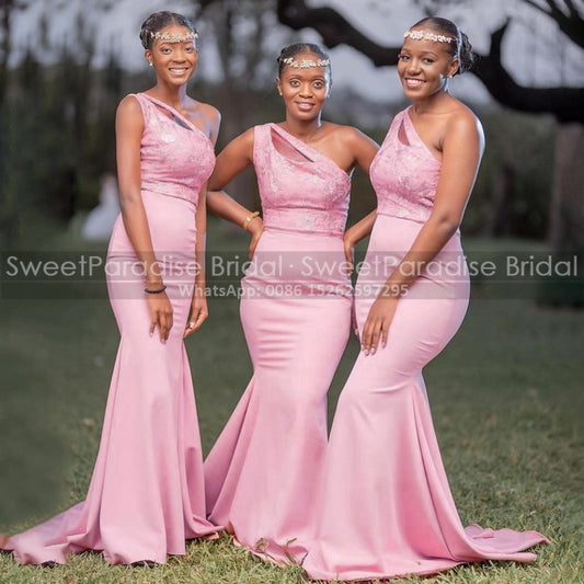 Pink Lace Mermaid Bridesmaid Dresses Long Double One Shoulder African Women Cust