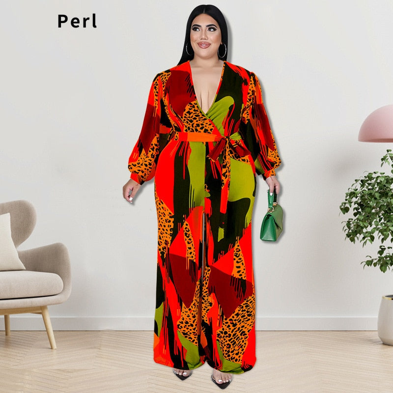 Perl Plus Size Full Sleeve Jumpsuit V-neck Wide Led Rompers with Belt Printed O