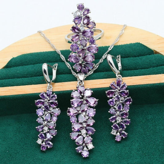 New Multicolour Purple Topaz 925 Silver Jewelry Set For Women Bracelet Earring