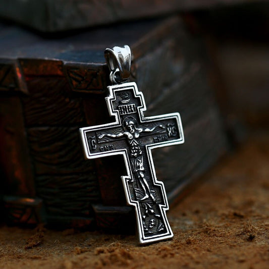 Jesus Cross Men's Stainless Steel Crucifix Eastern Orthodox Pendant Chain