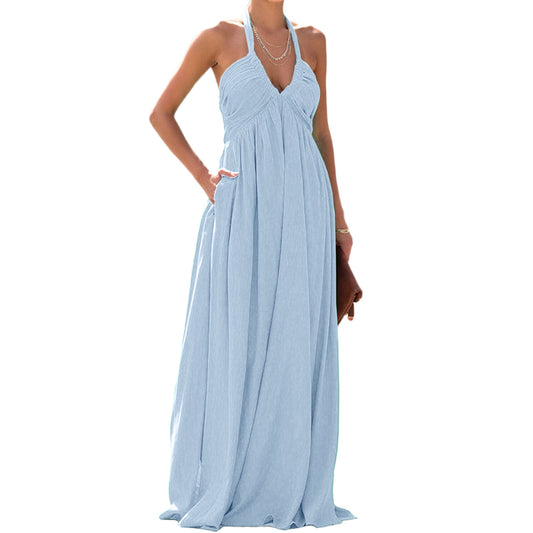 Women Halter Pleated Dress Deep V Neck Ladies Sleeveless Long Dress Elegant Sty