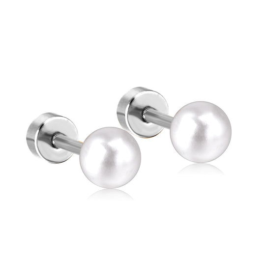 Pearl Screw Stud Earrings for Women Girls Stainless Steel Earrings 8mm WhiteTin