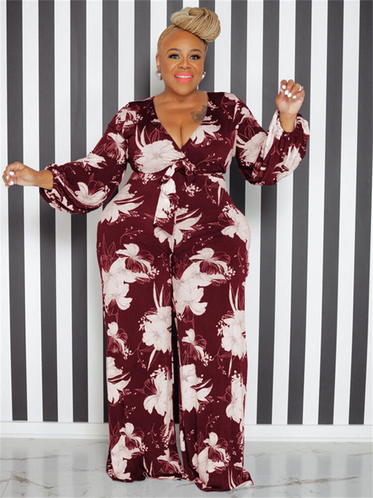 Wmstar Plus Size Romper Women Flower Print Party v Neck Long Sleeve With Sashes