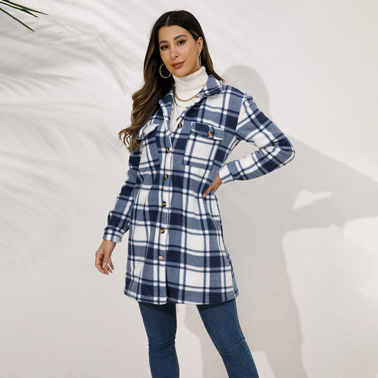 2023 New Products Autumn And Winter Women's Suit Collar Plaid Long Women's