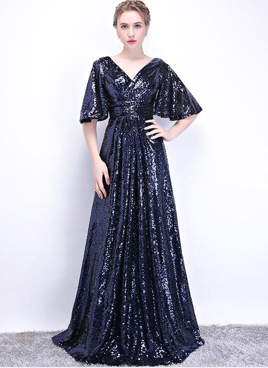 JaneVini Rose Gold Sequined Bridesmaid Dresses Long Short Sleeve Floor-Length Wo