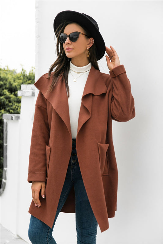 Autumn Winter Women Solid Color Woolen Coat Patchwork Pockets Turn-down