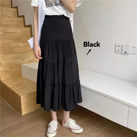 Spring Summer Women Chiffon Skirts Vintage High Waist Elastic Patchwork White