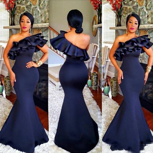 New Arrival Navy Ruffles One Shoulder Mermaid Bridesmaid Dress Cheap Long Weddin