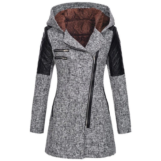 Women's autumn and winter mid length hooded loose diagonal zipper woolen trench