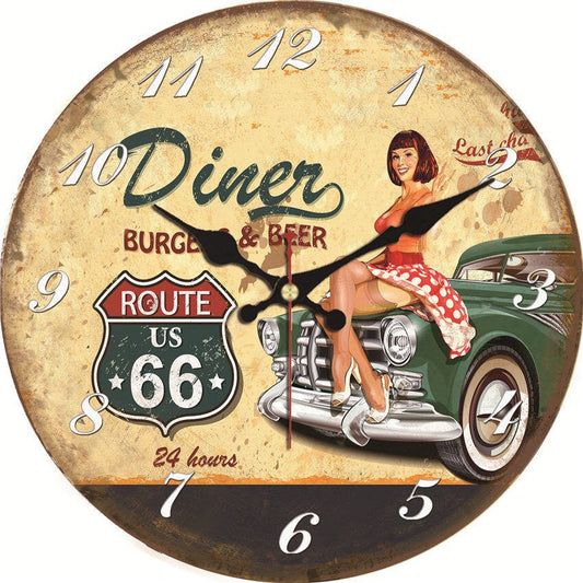 Garage Wall Clock Retro Yellow Route US 66 Car Creative Wooden Wall Clock Arab N