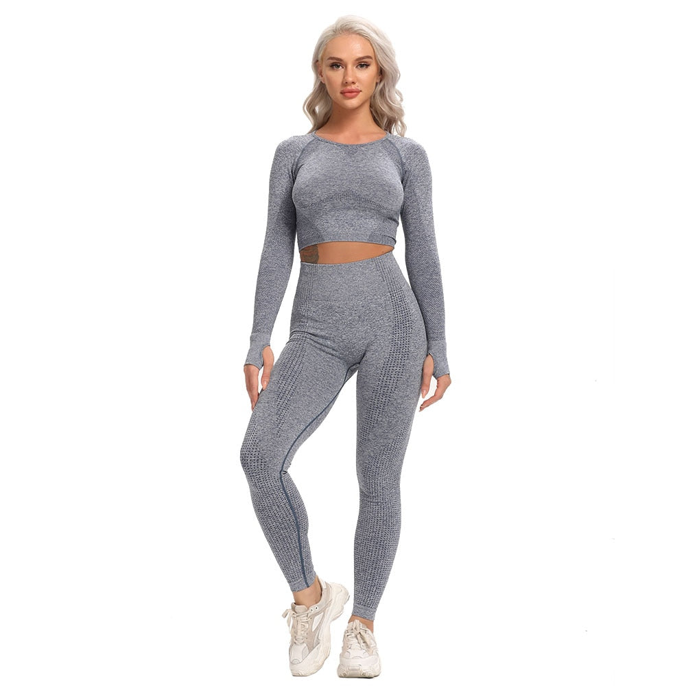 Seamless Yoga Set Workout Suit Fitness Sportswear Women Long Sleeve Crop Top Hig