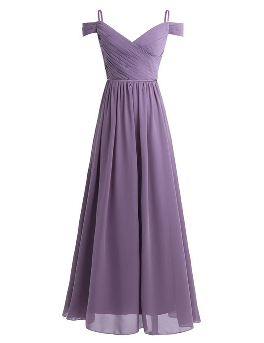 Women Lady Chiffon Off the Shoulder Pleated Deep v Neck Long Bridesmaid Dress Pr