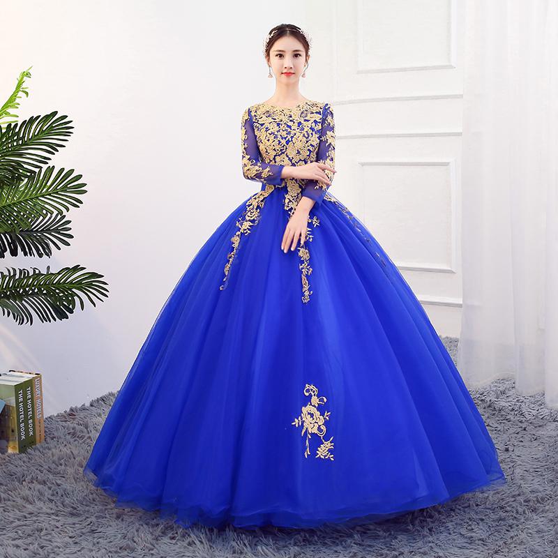 Long Sleeves Party Dress Quinceanera Dresses With Train Luxury Lace Prom Dress E