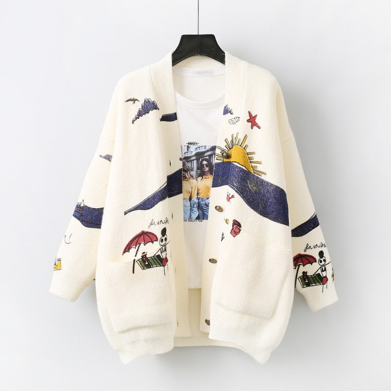 Letter Embroidery Loose Sweaters Women Winter Women Coat Cardigan Preppy Style