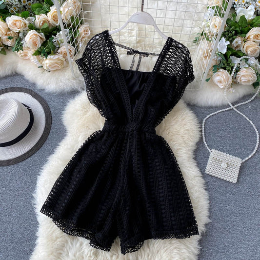 Ins Popular Women Cutout Lace V-Neck Jumpsuit Short Design Wide Leg Summer Short