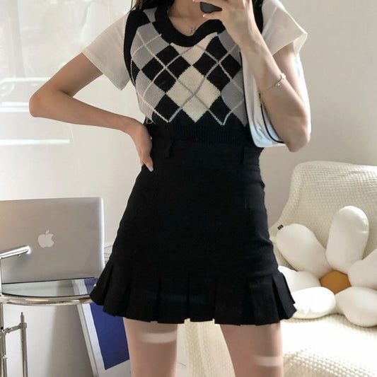 HOUZHOU Korean Fashion Pleated Mini Skirt Women Cute Casaul Preppy Style High