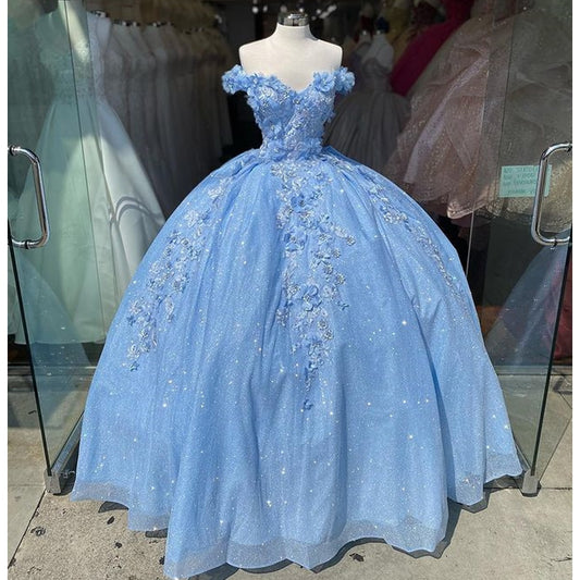 Light Blue Sparkly Crystal 3D Flowers Quinceanera Dresses Ball Gown Off the Shou