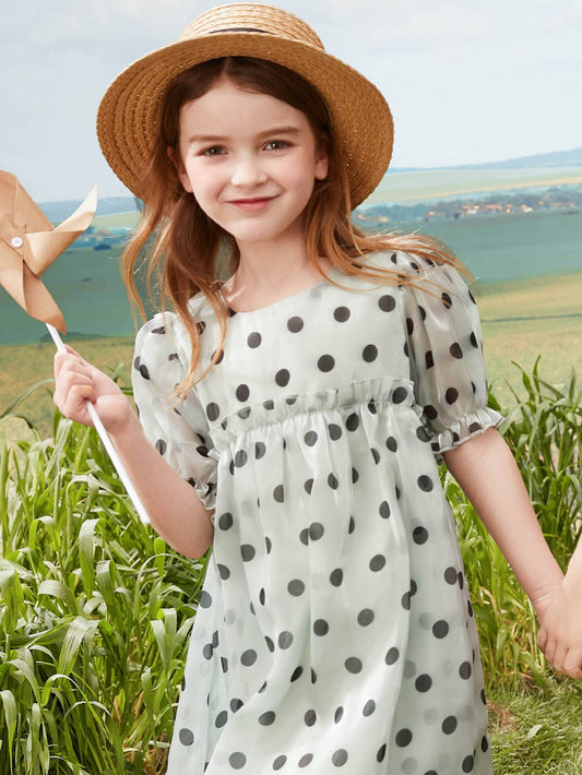 Girls Polka Dot Puff Sleeve Ruffle Trim Organza Dress