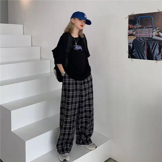 Pants Women New Fashion Black Plaid Retro Harajuku Students Streetwear Full Leng