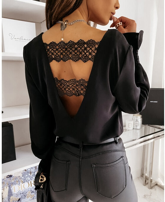 Imcute Lace Backless V-Neck Shirts Elegant Fashion Women Tops Summer Short