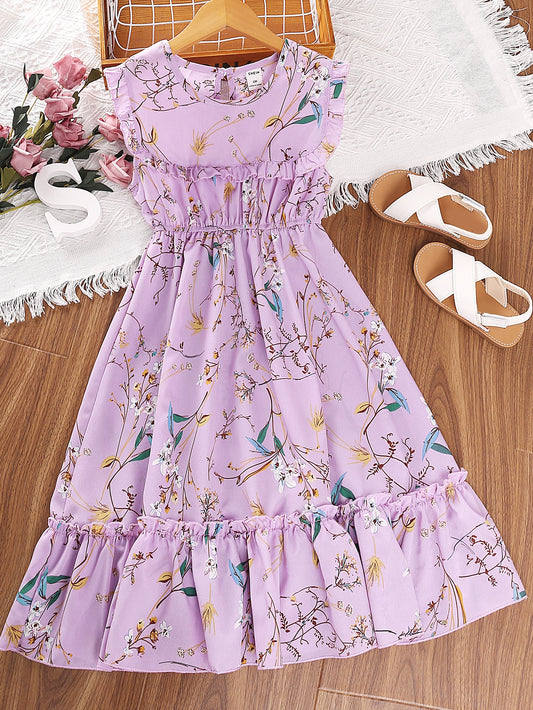 Girls Floral Print Ruffle Trim Pleated Belted Dress