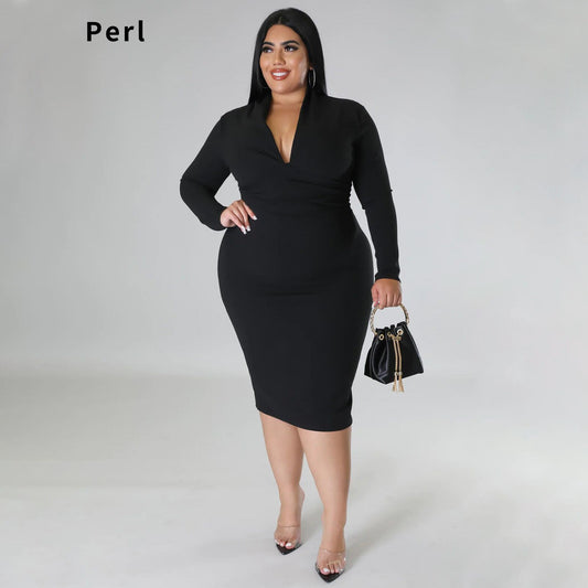 Perl Plus Size Full Sleeve V-neck Long Dress for Women Elegant Autumn Outfit Cu