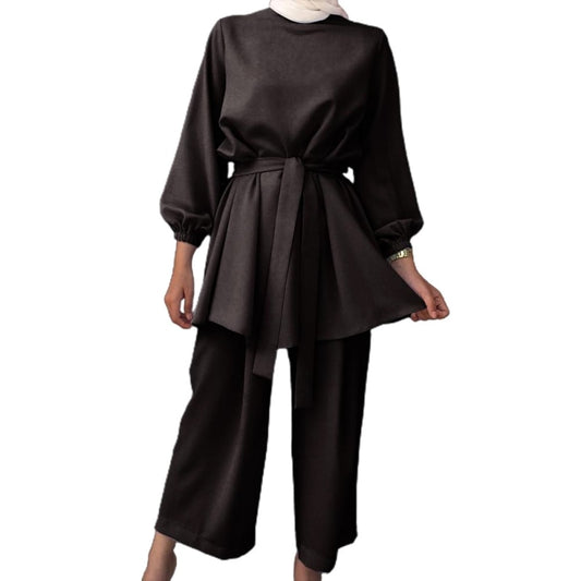 Women's Two-Piece Muslim Suit Classic Crewneck Loose Fit Mid-Length Tunic Pullov