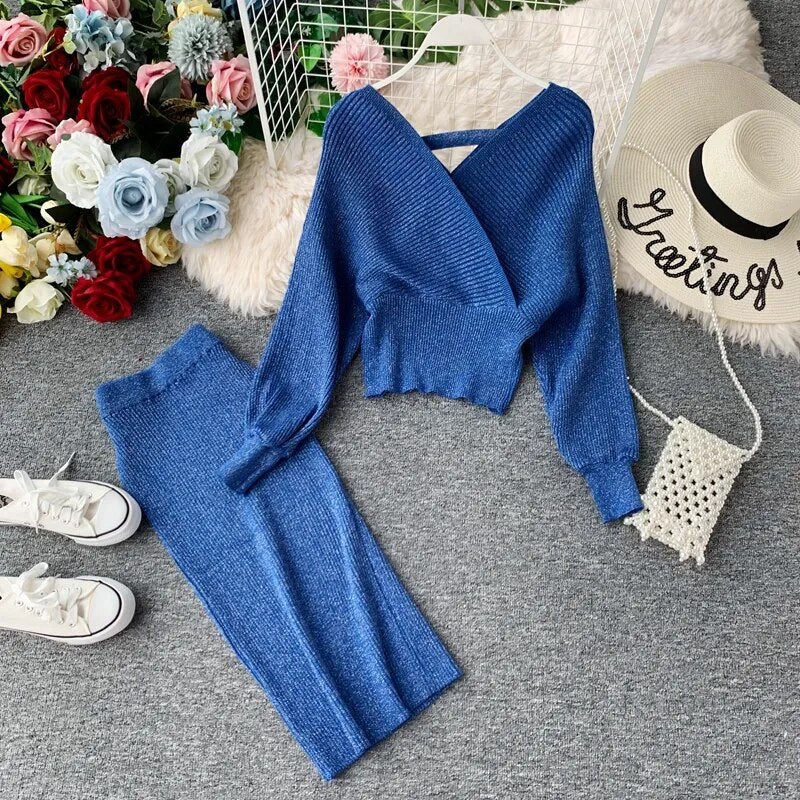 YuooMuoo Women Two Piece Suits Autumn Winter Thick Knitted Sweater Tops + High