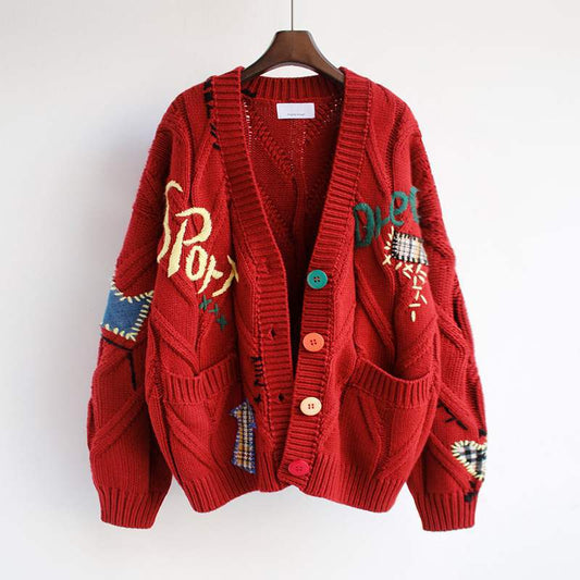 Letter Embroidery Loose Sweaters Women Winter Women Coat Cardigan Preppy Style