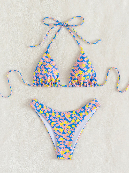 Ditsy Floral Halter Triangle Bikini Swimsuit