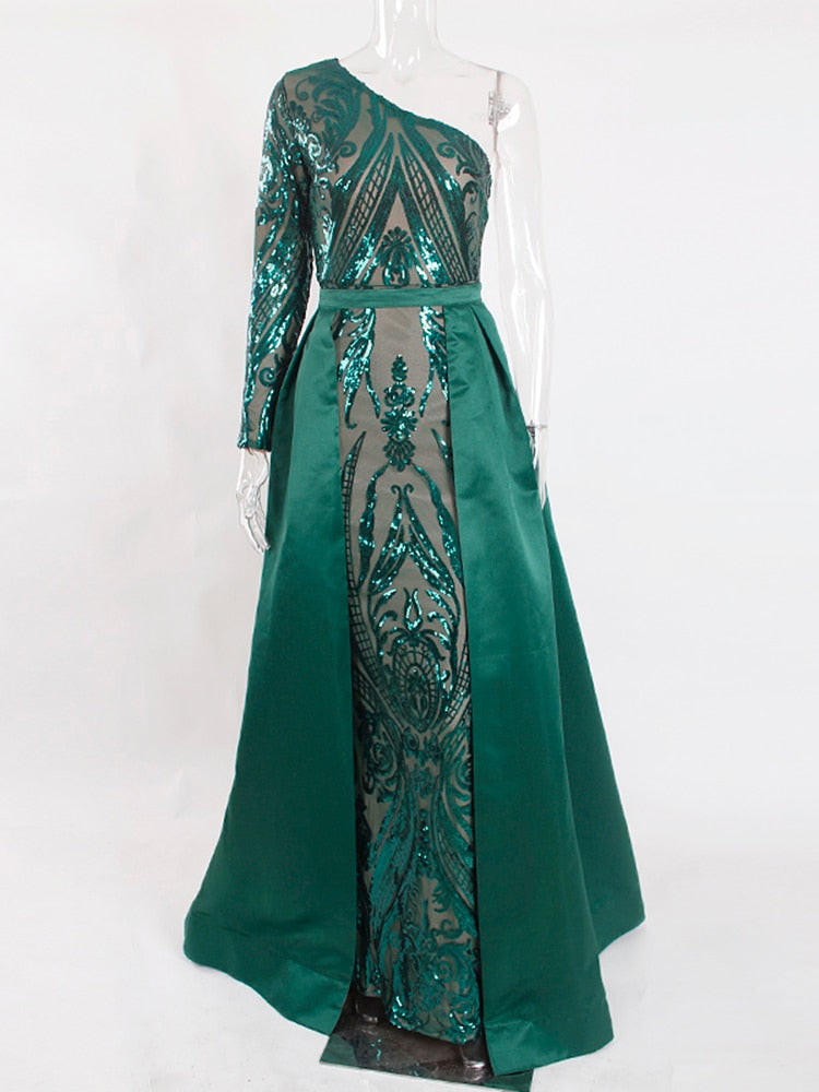 One Shoulder Green Sequined Maxi Dress One Sleeve Long Evening Party Ball Gown