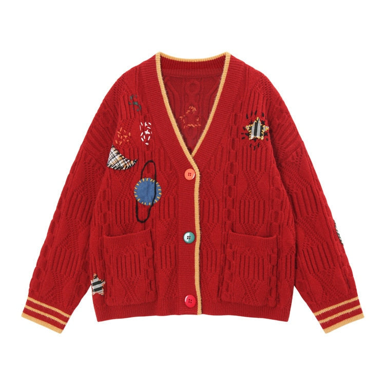 Letter Embroidery Loose Sweaters Women Winter Women Coat Cardigan Preppy Style