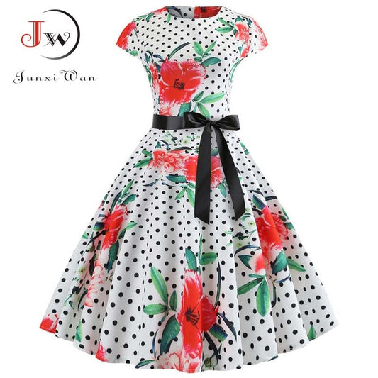 Women Vintage Dress Summer Floral Print Short Sleeve Dresses 50s 60s Office Part