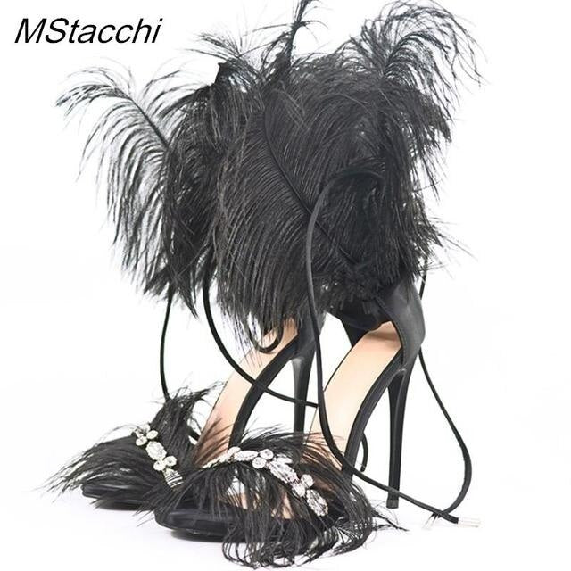 Crystal Feather Sandals Woman Summer 2023 Ostrich Hair Decor High Heels Gladiat