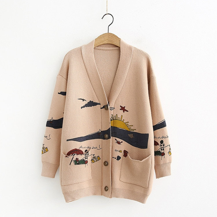 Letter Embroidery Loose Sweaters Women Winter Women Coat Cardigan Preppy Style