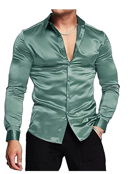 Men's luxurious shiny silk satin dress shirt Long sleeved casual slim muscle